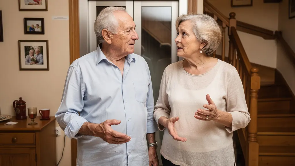 Couple de retraités souriant près de leur ascenseur privatif dans une maison traditionnelle française