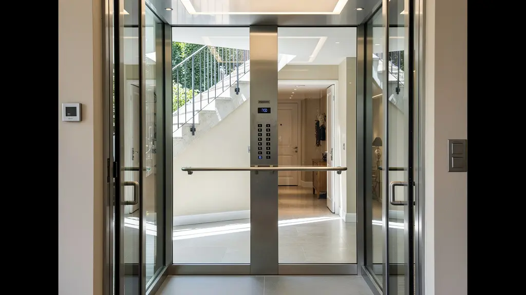 Intérieur d'une cabine d'ascenseur privatif compact avec panneau de commande et main courante visible