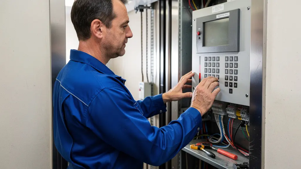Technicien en vêtements de travail inspectant le panneau de commande d'un ascenseur privatif en cours d'installation